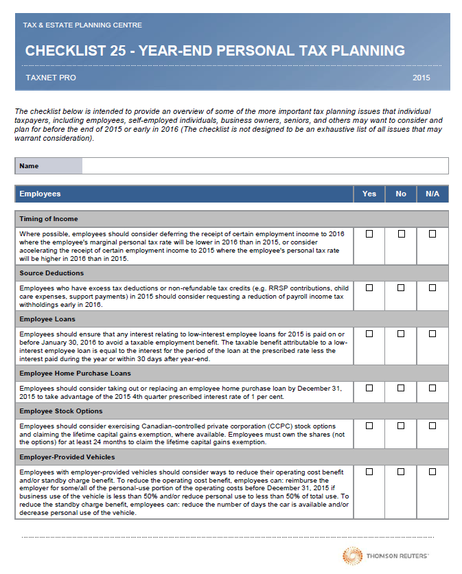 Year-end Personal Tax Planning Checklist